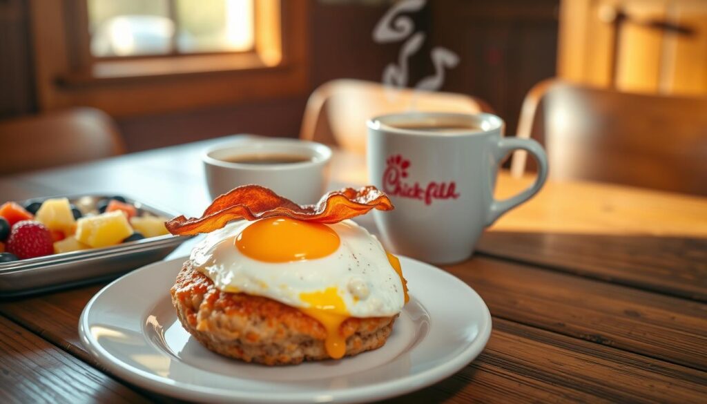 A beautifully arranged breakfast menu laid out on a rustic wooden table. In the foreground, a plate with a crispy Chick-fil-A specialty breakfast sandwich, perfectly melted cheese, and a golden crispy patty topped with a slice of savory bacon and a fluffy scrambled egg. To the left, a small side of fresh fruit including strawberries, blueberries, and pineapple chunks. In the middle, a steaming cup of freshly brewed coffee, with a splash of cream swirling attractively. The background features a soft-focus morning sunlight streaming through a nearby window, casting gentle shadows and highlighting the appetizing details of the breakfast items. The mood is warm and inviting, perfect for an early morning treat, with a slightly blurred diner atmosphere that suggests a cozy breakfast spot. A beautifully arranged breakfast menu laid out on a rustic wooden table. In the foreground, a plate with a crispy Chick-fil-A specialty breakfast sandwich, perfectly melted cheese, and a golden crispy patty topped with a slice of savory bacon and a fluffy scrambled egg. To the left, a small side of fresh fruit including strawberries, blueberries, and pineapple chunks. In the middle, a steaming cup of freshly brewed coffee, with a splash of cream swirling attractively. The background features a soft-focus morning sunlight streaming through a nearby window, casting gentle shadows and highlighting the appetizing details of the breakfast items. The mood is warm and inviting, perfect for an early morning treat, with a slightly blurred diner atmosphere that suggests a cozy breakfast spot.