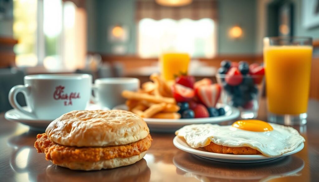 A beautifully arranged breakfast table featuring a variety of delicious Chick-fil-A breakfast items. In the foreground, a golden-brown chicken biscuit sits next to a fluffy scrambled egg, accompanied by a steaming cup of coffee and a glass of freshly squeezed orange juice. In the middle, a plate with hash browns and a delectable fruit cup filled with strawberries and blueberries adds color. The background includes a soft-focused view of a cozy diner setting, with warm wooden accents and soft morning light pouring in through a window, creating an inviting atmosphere. The scene should evoke a sense of comfort and satisfaction, capturing the essence of a wholesome breakfast experience. Use natural lighting to enhance the inviting feel, and a slight overhead angle to showcase the spread.