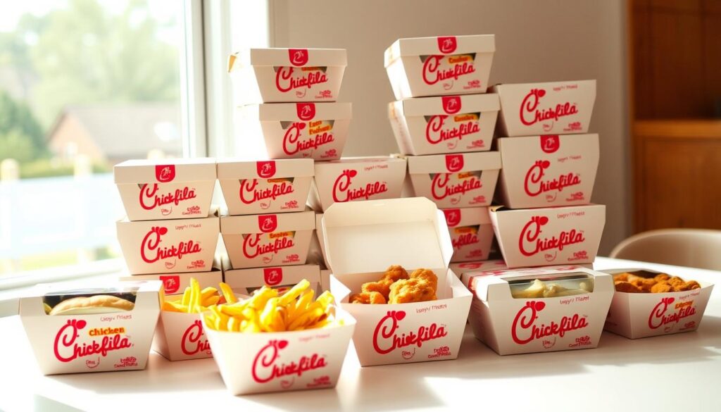 A beautifully arranged display of packaged meals from Chick-fil-A, showcasing neatly organized boxes filled with signature menu items. In the foreground, several closed containers featuring chicken sandwiches, crispy fries, and chicken nuggets are stacked artistically. Each package is branded with the Chick-fil-A logo, highlighting simplicity and convenience. In the middle ground, there are a couple of slightly open boxes revealing delicious, fresh food items, creating an inviting visual. The background features a bright, clean table setting, with soft natural light illuminating the scene through a nearby window, casting gentle shadows. The atmosphere is warm and inviting, ideal for family gatherings or corporate events, emphasizing ease of distribution and enjoyment.