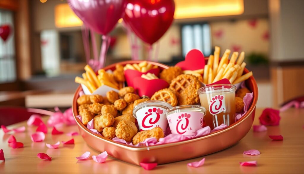 A beautifully arranged heart-shaped tray, filled with an assortment of delicious Chick-fil-A menu items like chicken nuggets, waffle fries, and sweet tea, all artfully presented. The tray should be prominently featured in the foreground, with vibrant colors highlighting the food’s appeal. In the middle ground, soft pink and red decorations like rose petals and heart-shaped balloons subtly enhance the romantic theme. The background should be softly blurred, with a hint of a cozy restaurant setting, warm lighting casting a welcoming glow over the scene. Capture the image from a slightly elevated angle, emphasizing the tray's shape and contents. The overall mood should be cheerful and festive, perfect for a Valentine's Day celebration.
