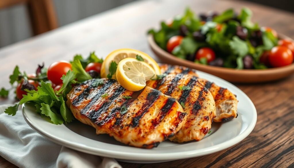 A beautifully arranged plate featuring succulent grilled chicken, perfectly charred with tantalizing grill marks, garnished with fresh herbs and a slice of lemon for a pop of color. The chicken is accompanied by a side of vibrant mixed greens and cherry tomatoes, enhancing the healthy, low-carb vibe. In the background, a rustic wooden table softly illuminated by warm, natural light, creating an inviting atmosphere. The image is shot from a slightly elevated angle, allowing the viewer to appreciate the textures of the grilled chicken and the freshness of the salad. The overall mood is wholesome and appetizing, ideal for a health-conscious audience. The scene should be clean, with no distractions, focusing solely on the delicious grilled chicken and its accompaniments. A beautifully arranged plate featuring succulent grilled chicken, perfectly charred with tantalizing grill marks, garnished with fresh herbs and a slice of lemon for a pop of color. The chicken is accompanied by a side of vibrant mixed greens and cherry tomatoes, enhancing the healthy, low-carb vibe. In the background, a rustic wooden table softly illuminated by warm, natural light, creating an inviting atmosphere. The image is shot from a slightly elevated angle, allowing the viewer to appreciate the textures of the grilled chicken and the freshness of the salad. The overall mood is wholesome and appetizing, ideal for a health-conscious audience. The scene should be clean, with no distractions, focusing solely on the delicious grilled chicken and its accompaniments.