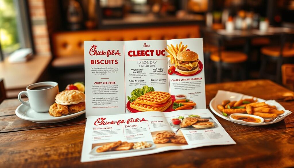 A beautifully arranged restaurant menu presented on a rustic wooden table, showcasing Chick-fil-A’s offerings for Labor Day. In the foreground, a vibrant breakfast section features fluffy biscuits and golden fried chicken, a steaming cup of coffee, and fresh fruit. The middle section highlights lunch options with crispy waffle fries and a classic chicken sandwich, adorned with fresh lettuce and tomato. The dinner section includes a hearty meal featuring a delicious chicken platter with sides. Soft, warm lighting creates an inviting atmosphere, with a blurred backdrop of a restaurant setting, emphasizing the menu as the focal point. The image is captured from a slight overhead angle, enhancing the appetizing details of the food.