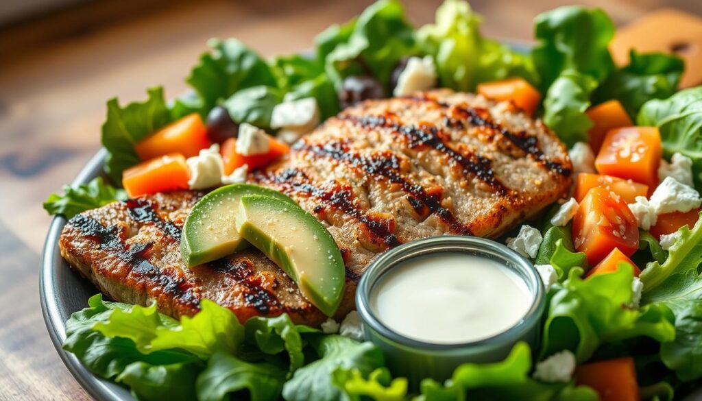 A beautifully arranged salad featuring a grilled filet, prominently displayed in the foreground. The crispy greens of romaine and spinach surround the tender filet, which is marinated and perfectly charred, showcasing grill marks. Slices of ripe avocado, diced tomatoes, and crumbled blue cheese are artfully sprinkled over the salad, adding vibrant colors and texture. In the middle ground, a small bowl of creamy dressing sits invitingly, its texture rich and smooth, reflecting natural light. The background subtly includes a wooden table surface, hinting at a warm, cozy dining atmosphere. Soft, diffused natural lighting emanates from the left, enhancing the freshness of the ingredients and creating a wholesome, appetizing mood. The image captures a sense of health and indulgence, ideal for celebrating delicious salad options. A beautifully arranged salad featuring a grilled filet, prominently displayed in the foreground. The crispy greens of romaine and spinach surround the tender filet, which is marinated and perfectly charred, showcasing grill marks. Slices of ripe avocado, diced tomatoes, and crumbled blue cheese are artfully sprinkled over the salad, adding vibrant colors and texture. In the middle ground, a small bowl of creamy dressing sits invitingly, its texture rich and smooth, reflecting natural light. The background subtly includes a wooden table surface, hinting at a warm, cozy dining atmosphere. Soft, diffused natural lighting emanates from the left, enhancing the freshness of the ingredients and creating a wholesome, appetizing mood. The image captures a sense of health and indulgence, ideal for celebrating delicious salad options.