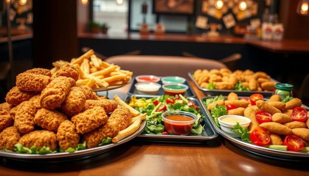A beautifully arranged selection of Chicken Fil A party trays, elegantly set on a wooden table. In the foreground, a large tray overflowing with crispy chicken sandwiches, next to smaller trays filled with waffle fries, chicken nuggets, and a fresh salad garnished with bright cherry tomatoes. The middle section features two trays with colorful dipping sauces, arranged with care. The background shows a cozy indoor setting, softly lit with warm overhead lighting that creates a welcoming atmosphere. The focus is on the food, captured from a slightly elevated angle to showcase the vibrant colors and textures. The scene conveys a festive vibe, perfect for meetings and gatherings, making the trays the star of this culinary celebration.