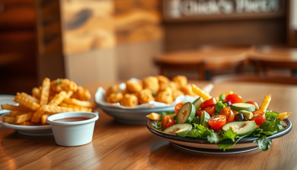A beautifully arranged table featuring gluten-friendly Chick-fil-A options. In the foreground, a platter of golden, crispy waffle fries, showcasing their texture and color, accompanied by small bowls of dipping sauces. In the middle, a selection of grilled chicken nuggets, garnished with fresh herbs, and a vibrant salad with mixed greens, cherry tomatoes, and avocado slices. The background is softly blurred to suggest a fast-casual restaurant setting, with warm, inviting lighting and wooden textures that evoke comfort. Capture the mood of a wholesome dining experience, emphasizing the appeal of gluten-friendly choices in an attractive presentation. Use a shallow depth of field to focus on the food while the background remains subtly indistinct, enhancing the overall composition.