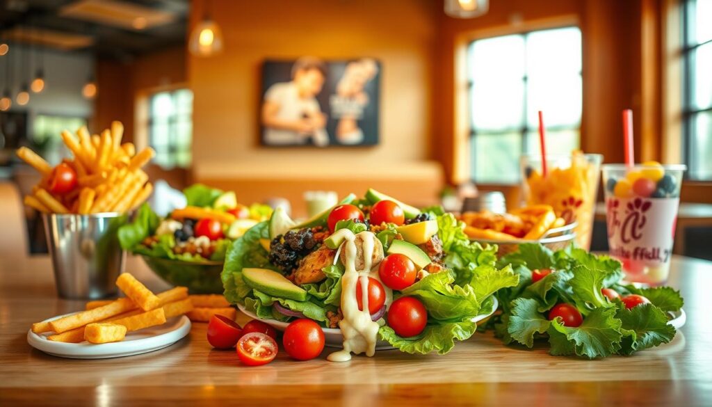 A beautifully arranged table showcasing a vibrant Chick-Fil-A salad meal, featuring a variety of fresh and colorful salads in the foreground, surrounded by enticing sides like crispy waffle fries and refreshing fruit cups. In the middle, the focus on a perfectly plated salad, garnished with avocado slices, cherry tomatoes, and a drizzle of dressing, highlights the freshness and appeal of the meal. In the background, a softly lit restaurant setting with warm wooden accents creates a cozy and inviting atmosphere. The lighting is natural, simulating late afternoon sunlight streaming through large windows, adding a warm glow to the scene. The image conveys a cheerful and wholesome mood, emphasizing the delicious sides that complement the salad.