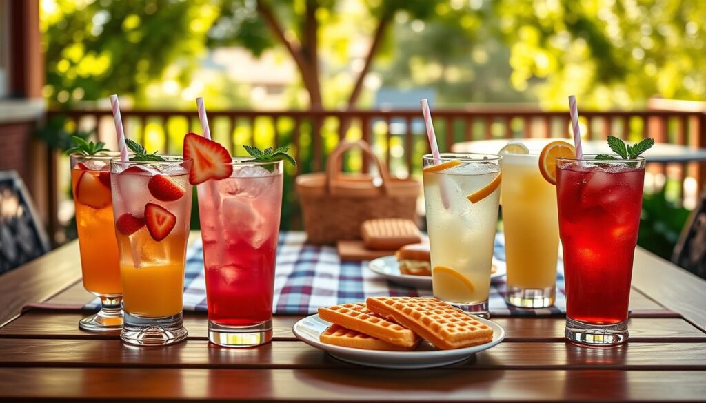 A beautifully arranged table showcasing seasonal drinks inspired by Chick Fil A’s limited-time flavors. In the foreground, colorful glasses filled with refreshing iced beverages, such as peach iced tea and strawberry lemonade, adorned with fresh fruit slices and mint leaves. The middle layer features a checkered picnic blanket and a small plate of Chick Fil A’s signature chicken sandwiches and waffle fries, creating a warm, inviting atmosphere. In the background, a sunlit outdoor patio with soft, dappled sunlight filtering through green leaves adds a sense of relaxation and enjoyment. Capture this scene using a shallow depth of field for a soft backdrop, with warm, natural lighting to enhance the vibrant colors of the drinks and food, evoking a joyful, seasonal mood perfect for a casual lunch outing. A beautifully arranged table showcasing seasonal drinks inspired by Chick Fil A’s limited-time flavors. In the foreground, colorful glasses filled with refreshing iced beverages, such as peach iced tea and strawberry lemonade, adorned with fresh fruit slices and mint leaves. The middle layer features a checkered picnic blanket and a small plate of Chick Fil A’s signature chicken sandwiches and waffle fries, creating a warm, inviting atmosphere. In the background, a sunlit outdoor patio with soft, dappled sunlight filtering through green leaves adds a sense of relaxation and enjoyment. Capture this scene using a shallow depth of field for a soft backdrop, with warm, natural lighting to enhance the vibrant colors of the drinks and food, evoking a joyful, seasonal mood perfect for a casual lunch outing.