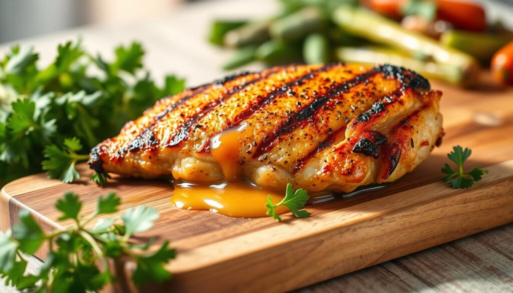 A beautifully grilled chicken breast, succulent and perfectly charred, resting on a rustic wooden cutting board. The foreground features vibrant garnishes of fresh herbs, such as parsley and rosemary, creating a pop of color against the golden-brown chicken. In the middle, a light drizzle of tangy sauce glistens, enhancing the dish's appetizing appeal. Soft, natural lighting bathes the scene, casting delicate shadows that accentuate the textures of the chicken and the wooden surface. The background is softly blurred with hints of green leafy vegetables and grilled vegetables, creating an inviting atmosphere that highlights the theme of wholesome, safe protein options. The overall mood is warm and inviting, perfect for showcasing delicious, allergen-friendly protein choices. A beautifully grilled chicken breast, succulent and perfectly charred, resting on a rustic wooden cutting board. The foreground features vibrant garnishes of fresh herbs, such as parsley and rosemary, creating a pop of color against the golden-brown chicken. In the middle, a light drizzle of tangy sauce glistens, enhancing the dish's appetizing appeal. Soft, natural lighting bathes the scene, casting delicate shadows that accentuate the textures of the chicken and the wooden surface. The background is softly blurred with hints of green leafy vegetables and grilled vegetables, creating an inviting atmosphere that highlights the theme of wholesome, safe protein options. The overall mood is warm and inviting, perfect for showcasing delicious, allergen-friendly protein choices.