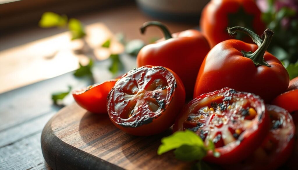 A beautifully styled close-up of charred tomatoes and crispy red bell peppers on a rustic wooden cutting board. The tomatoes are glistening with a slight char, showcasing their caramelized edges, while the red bell peppers are vibrant, with a crispy texture that contrasts with the smoothness of the tomatoes. Soft, natural sunlight filters in from a nearby window, casting gentle, warm highlights on the vegetables, creating an inviting atmosphere. In the background, suggestive hints of fresh greens are visible, subtly blurred to keep the focus on the peppers and tomatoes. The scene is appetizing, evoking a sense of freshness and health, perfect for enhancing a salad.