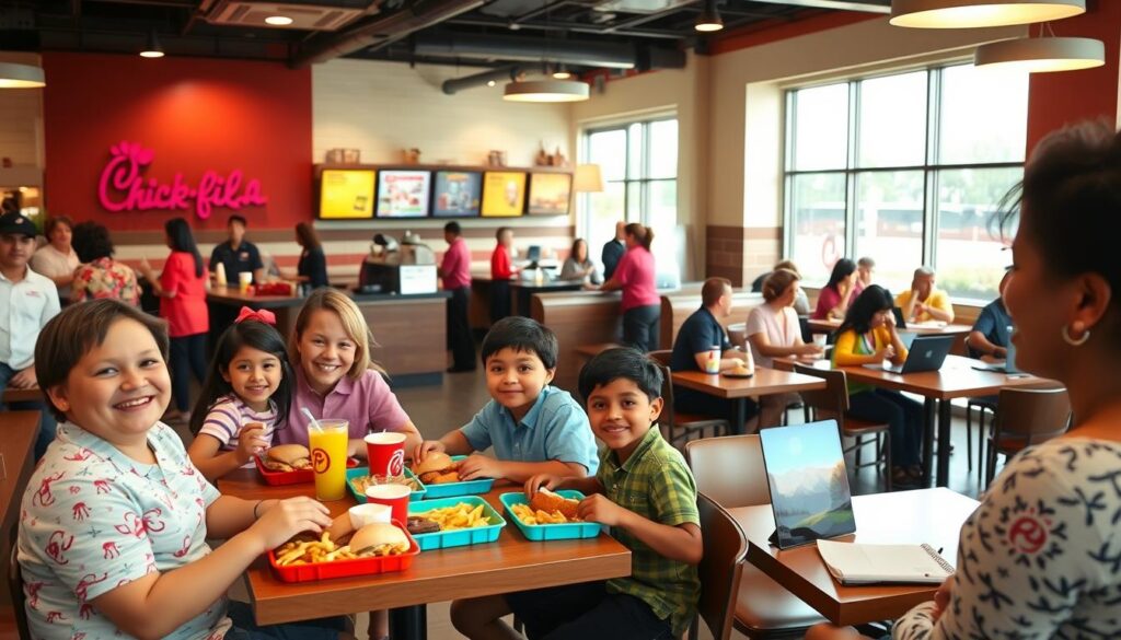 A busy Chick-Fil-A restaurant during lunch hours, showcasing a diverse group of customers enjoying their meals. In the foreground, a family seated at a table happily sharing a meal, with colorful trays loaded with chicken sandwiches, fries, and drinks. The middle ground features a bustling counter with friendly staff taking orders and serving food, all in neat uniforms. In the background, large windows let in warm, natural light, illuminating the restaurant's inviting interior. Tables are varied, with some occupied by small groups and others by individuals working on laptops. The atmosphere is lively and cheerful, reflecting the sense of community and shared experience during lunchtime. Capture this scene from a slightly elevated angle, conveying a sense of activity and warmth.