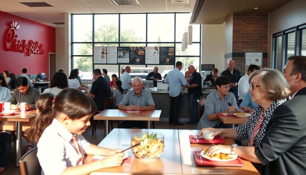 A busy Chick-fil-A restaurant during Labor Day, showcasing diverse regional customers at various tables, each dressed in professional business attire or modest casual clothing. In the foreground, a young family enjoys their meal, while a corporate group discusses over coffee, reflecting the hustle of holiday dining. In the middle ground, a friendly employee takes orders behind a busy counter, with a vibrant display of food options and promotional signs visible. The background reveals a sunny afternoon through large windows, casting warm light across the space, enhancing the inviting atmosphere. Use a slight depth of field to keep the focus on the interaction within the restaurant while showing hints of the outside setting, creating a sense of community and celebration during the holiday.