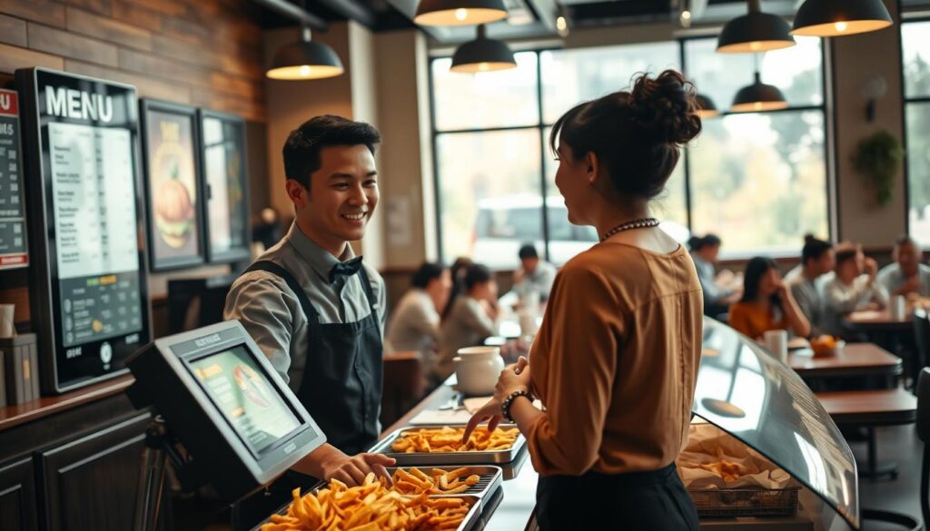 A busy restaurant scene focusing on a service counter where a friendly server in a neat uniform is taking an order from a customer. The customer, dressed in casual but modest clothing, appears confident and engaged in the ordering process. In the foreground, a digital menu board showcases options, glimmering under warm lighting. The middle ground features a variety of food items, including fries, presented neatly to entice customers. In the background, patrons can be seen enjoying their meals at tables, creating a vibrant atmosphere. Soft, natural light filters in through large windows, enhancing the inviting ambiance. The overall mood is one of clarity and assurance, highlighting a commitment to customer service and food safety.