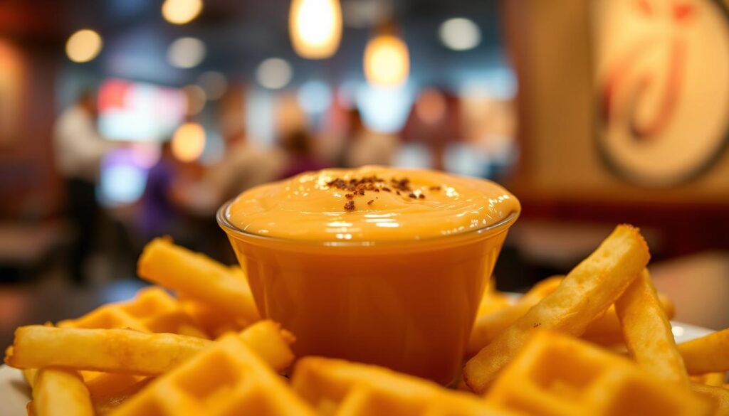 A close-up shot of a rich and creamy dipping sauce, emphasizing a glossy texture and vibrant color. The sauce is presented in a small, clear dipping cup, with a few tantalizing spices sprinkled on top for visual contrast. In the foreground, a set of classic waffle fries are arranged artistically around the sauce cup, inviting viewers to indulge. The middle ground features a blurred background of a restaurant setting, hinting at the ambiance of a busy Chick-fil-A, with warm, inviting lighting casting a soft glow. The overall mood conveys a sense of comfort and indulgence, perfect for food enthusiasts looking to elevate their dining experience. Use a shallow depth of field to highlight the sauce and fries, creating a mouthwatering focal point.