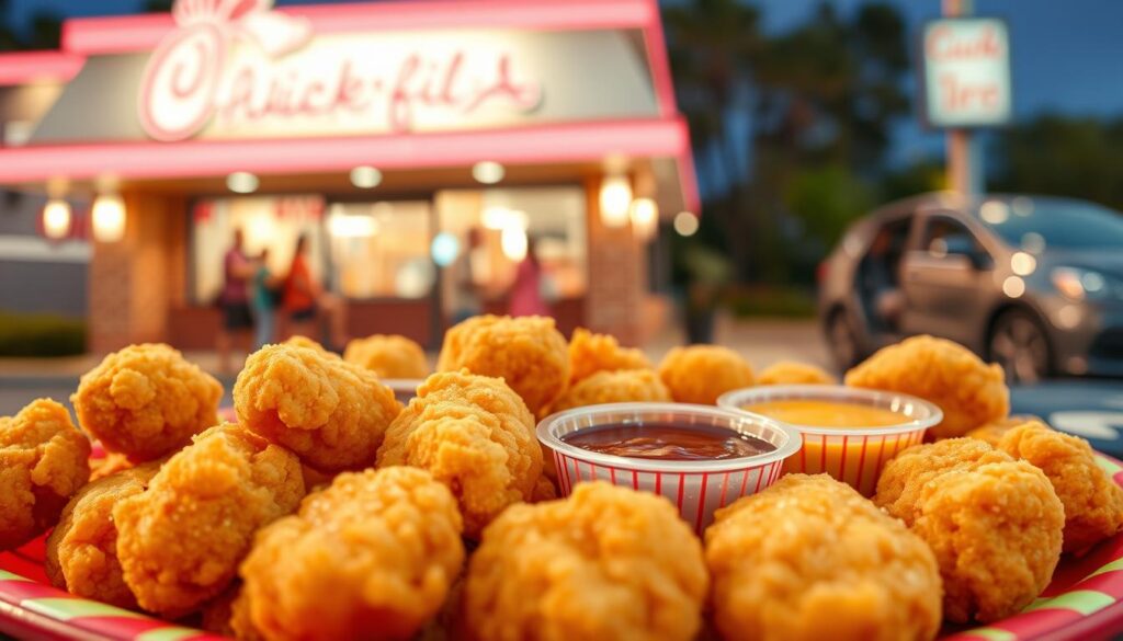 A close-up view of a delicious plate of golden chicken nuggets, perfectly crispy and freshly fried, arranged artfully on a vibrant tray. Each nugget glistens with a light coating of seasoning and is accompanied by small cups of dipping sauces like barbecue and honey mustard for added flavor. In the background, a bustling drive-thru with a welcoming Chick Fil A sign, where families are happily ordering. Soft, warm lighting illuminates the scene, creating an inviting atmosphere. The focus is sharp on the nuggets, with a slight blur on the background to emphasize the food's appeal. The overall mood is cheerful and family-friendly, capturing the essence of a delightful kids menu experience. A close-up view of a delicious plate of golden chicken nuggets, perfectly crispy and freshly fried, arranged artfully on a vibrant tray. Each nugget glistens with a light coating of seasoning and is accompanied by small cups of dipping sauces like barbecue and honey mustard for added flavor. In the background, a bustling drive-thru with a welcoming Chick Fil A sign, where families are happily ordering. Soft, warm lighting illuminates the scene, creating an inviting atmosphere. The focus is sharp on the nuggets, with a slight blur on the background to emphasize the food's appeal. The overall mood is cheerful and family-friendly, capturing the essence of a delightful kids menu experience.