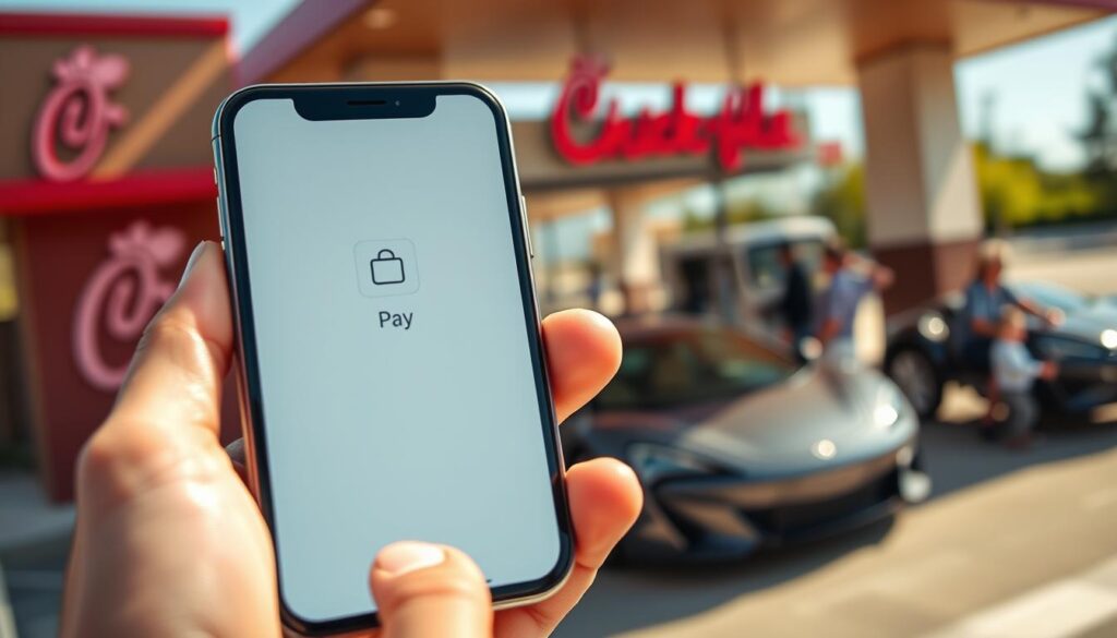 A close-up view of a hand holding an Apple Pay-enabled iPhone, displaying the Apple Pay interface, with a blurred Chick-fil-A restaurant in the background. In the foreground, the device screen shows a digital payment being processed, with a subtle glow highlighting the payment confirmation. The middle distance features a busy drive-thru lane, with customers in a modern, friendly atmosphere. Bright, inviting lighting illuminates the scene, capturing a sunny day that enhances the cheerful mood. Use a shallow depth of field to emphasize the hand and phone while softly blurring the background, creating a professional yet casual vibe suitable for an article about payment methods at Chick-fil-A.