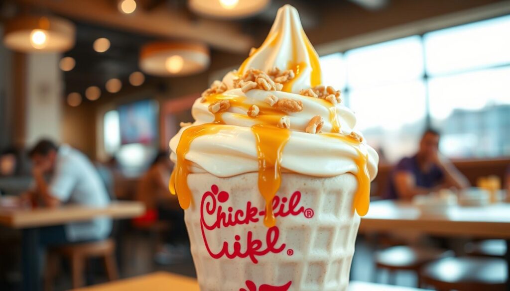 A close-up view of a richly textured Chick-fil-A Icedream dessert, positioned in the foreground, showcasing its creamy, smooth, and delectable swirl topped with a generous drizzle of honey and a sprinkle of crushed nuts. The middle layer features a vibrant, inviting Chick-fil-A waffle cone filled with the Icedream, with a few melting droplets glistening under soft, warm lighting that evokes a cozy, indulgent atmosphere. In the background, a blurred restaurant setting hints at a sunny day, with customers enjoying their meals, bathed in natural daylight streaming through large windows. The lens captures the dessert from a slightly elevated angle, highlighting its glossy finish. The overall mood is cheerful and appealing, perfect for drawing attention to this delightful treat.