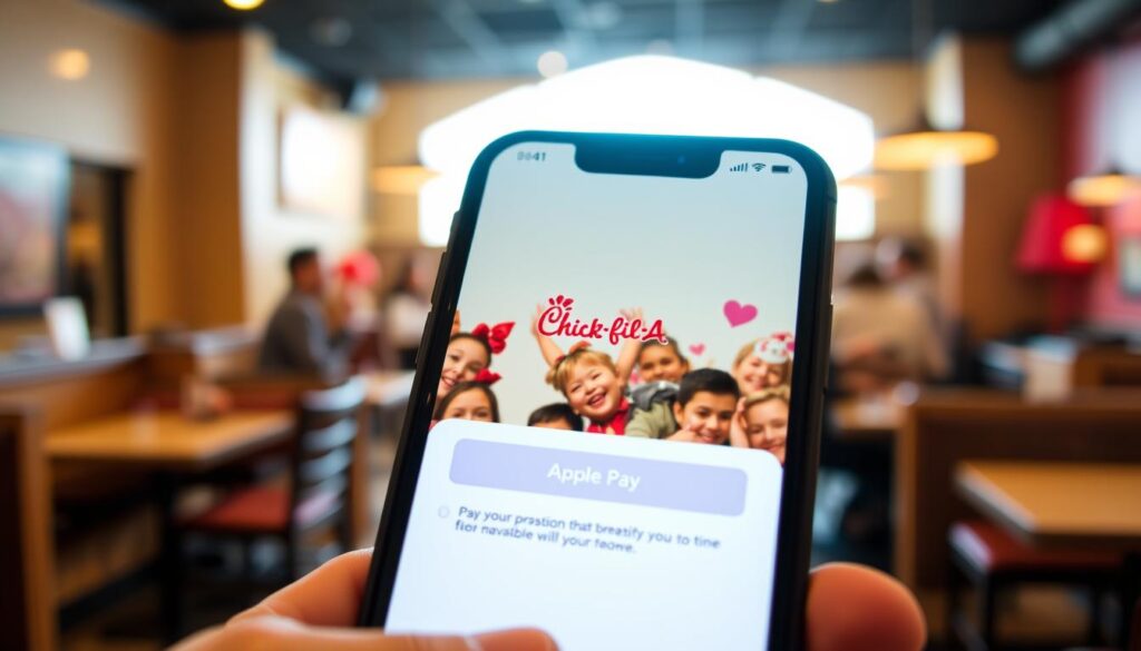 A close-up view of a smartphone displaying the Chick-fil-A app’s payment interface with Apple Pay option selected. In the foreground, focus on the phone held by a person wearing smart casual attire, with a soft glow illuminating the screen. The middle layer presents an inviting Chick-fil-A restaurant interior in soft focus, showcasing a warm, welcoming atmosphere with vibrant colors and cozy seating. The background features a hint of customers enjoying their meals, adding life to the scene without taking attention from the phone. Bright, natural light streams in through windows, creating a cheerful and friendly mood, with the lens capturing a slight bokeh effect for a polished look.