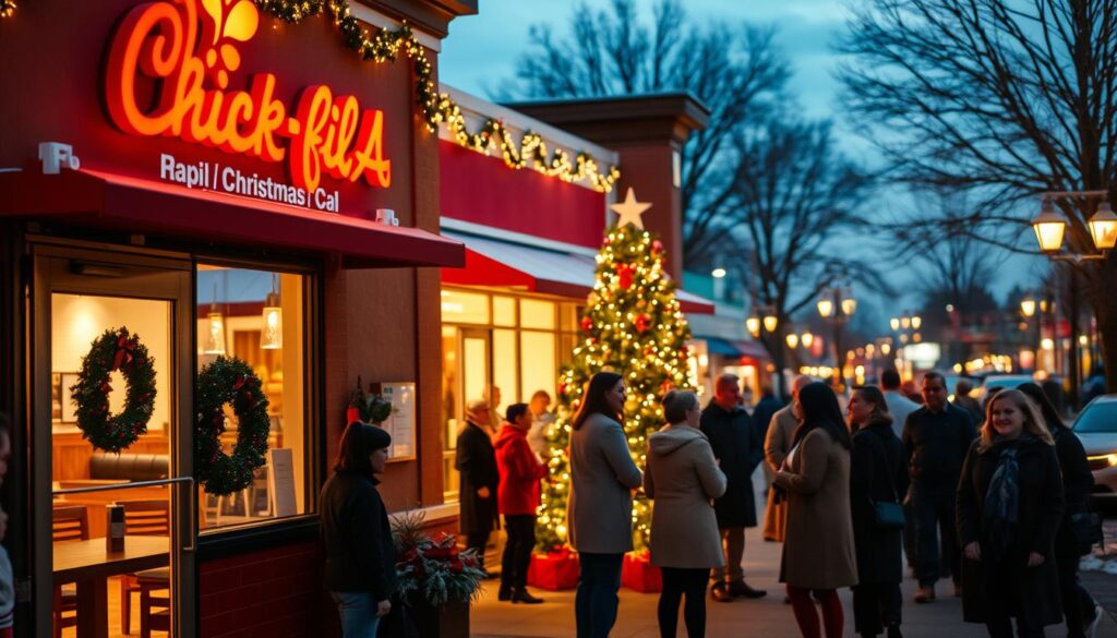 A cozy Christmas Eve setting at a Chick-fil-A restaurant, showcasing the exterior adorned with festive holiday decorations, twinkling lights, and a gentle dusting of snow. In the foreground, a warm, inviting entrance with a wreath on the door and a subtle glow emanating from inside, suggesting the warmth of customers enjoying their meals. In the middle ground, several patrons of diverse backgrounds, dressed in modest casual clothing, gather near a large Christmas tree set up inside, mingling and sharing smiles. The background features softly illuminated storefronts and streetlights glowing under a twilight sky, creating a serene and cheerful holiday atmosphere. The image should have a warm color palette, capturing the essence of holiday joy and community spirit, with soft focus and gentle bokeh effects to enhance the cozy feel. A cozy Christmas Eve setting at a Chick-fil-A restaurant, showcasing the exterior adorned with festive holiday decorations, twinkling lights, and a gentle dusting of snow. In the foreground, a warm, inviting entrance with a wreath on the door and a subtle glow emanating from inside, suggesting the warmth of customers enjoying their meals. In the middle ground, several patrons of diverse backgrounds, dressed in modest casual clothing, gather near a large Christmas tree set up inside, mingling and sharing smiles. The background features softly illuminated storefronts and streetlights glowing under a twilight sky, creating a serene and cheerful holiday atmosphere. The image should have a warm color palette, capturing the essence of holiday joy and community spirit, with soft focus and gentle bokeh effects to enhance the cozy feel.