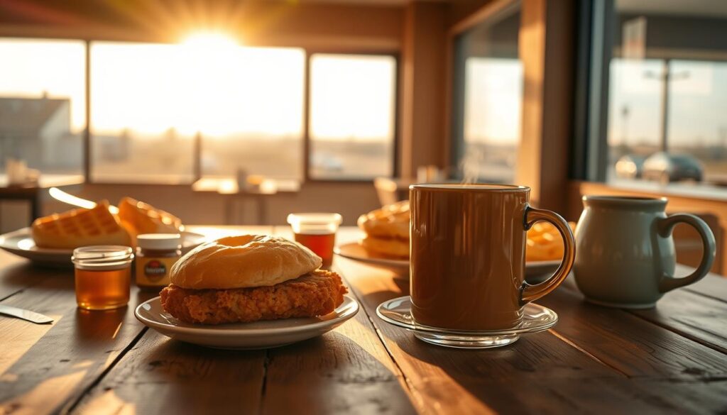 A cozy breakfast scene featuring a table set with a variety of breakfast items typical of a fast-food restaurant, including chicken biscuits, waffles, and coffee. In the foreground, a rustic wooden table displays a golden-brown chicken biscuit alongside a steaming cup of coffee, with condiments like honey and syrup artfully arranged. In the middle ground, a large window allows warm morning sunlight to filter in, creating a welcoming atmosphere. Outside, a suburban landscape is visible, hinting at a bustling day ahead. Soft, warm lighting enhances the inviting mood, while the depth of field blurs the background slightly to keep the focus on the breakfast tableau. The overall feel is one of anticipation and comfort, perfect for exploring breakfast hours in a playful yet informative manner. A cozy breakfast scene featuring a table set with a variety of breakfast items typical of a fast-food restaurant, including chicken biscuits, waffles, and coffee. In the foreground, a rustic wooden table displays a golden-brown chicken biscuit alongside a steaming cup of coffee, with condiments like honey and syrup artfully arranged. In the middle ground, a large window allows warm morning sunlight to filter in, creating a welcoming atmosphere. Outside, a suburban landscape is visible, hinting at a bustling day ahead. Soft, warm lighting enhances the inviting mood, while the depth of field blurs the background slightly to keep the focus on the breakfast tableau. The overall feel is one of anticipation and comfort, perfect for exploring breakfast hours in a playful yet informative manner.