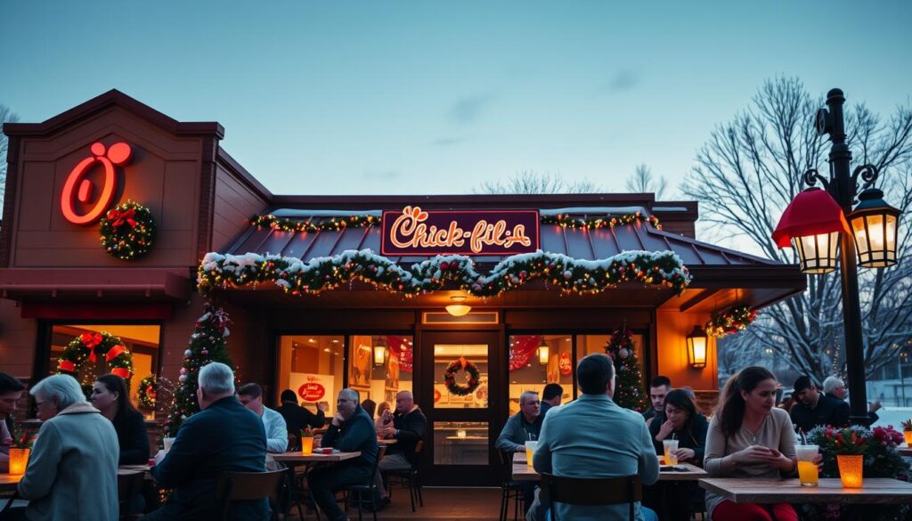 A cozy holiday scene featuring a Chick-fil-A restaurant adorned with festive decorations, including colorful lights, wreaths, and a large holiday banner. In the foreground, patrons dressed in smart casual clothing are happily enjoying their meals at outdoor tables, exchanging cheerful conversations. The middle showcases the restaurant's welcoming entrance, framed by twinkling holiday lights and cozy lanterns casting a warm glow. In the background, soft falling snow adds to the enchanting winter atmosphere, with a clear twilight sky transitioning to evening. The lighting is warm and inviting, enhancing the holiday spirit. The overall mood is joyful and communal, capturing the essence of holiday gatherings and the warmth of Chick-fil-A's friendly service. A cozy holiday scene featuring a Chick-fil-A restaurant adorned with festive decorations, including colorful lights, wreaths, and a large holiday banner. In the foreground, patrons dressed in smart casual clothing are happily enjoying their meals at outdoor tables, exchanging cheerful conversations. The middle showcases the restaurant's welcoming entrance, framed by twinkling holiday lights and cozy lanterns casting a warm glow. In the background, soft falling snow adds to the enchanting winter atmosphere, with a clear twilight sky transitioning to evening. The lighting is warm and inviting, enhancing the holiday spirit. The overall mood is joyful and communal, capturing the essence of holiday gatherings and the warmth of Chick-fil-A's friendly service.