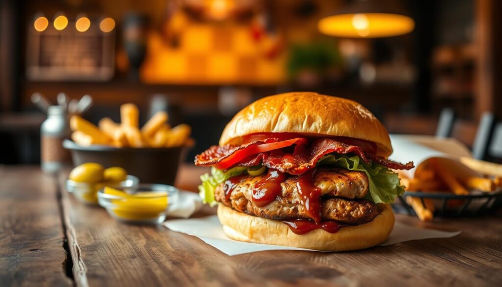 A delicious Smokehouse BBQ Bacon Sandwich sits prominently in the foreground, showcasing a juicy, grilled chicken breast topped with crispy bacon, drizzled with rich barbecue sauce, and adorned with fresh lettuce and sliced tomatoes. The sandwich is nestled between a toasted, golden bun that glistens with a hint of sheen. In the middle ground, a rustic wooden table enhances the farmhouse feel, with a small bowl of tangy pickles and a side of crispy fries. The background features a softly blurred smokehouse setting with hints of warm, inviting lighting, creating an atmosphere of comfort and indulgence. The scene captures warmth and deliciousness, perfect for a springtime dining experience. Shot with a shallow depth of field to emphasize the sandwich, under soft, natural lighting that highlights the glistening textures of the food.