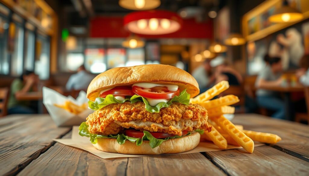 A delicious, perfectly toasted chicken sandwich with a crispy, golden-brown chicken fillet, topped with fresh lettuce, sliced tomatoes, and creamy mayonnaise, served on a soft, buttery bun. In the foreground, the sandwich is placed on a rustic wooden table, with a side of golden, crunchy waffle fries artfully arranged beside it. The middle ground features a blurred view of a bustling fast-food restaurant interior, with cheerful diners enjoying their meals. The background has warm, inviting lighting, creating a cozy atmosphere typical of a lunch setting. The image should be captured from a slight overhead angle to emphasize the ingredients and textures, showcasing the sandwich as the star of the scene.
