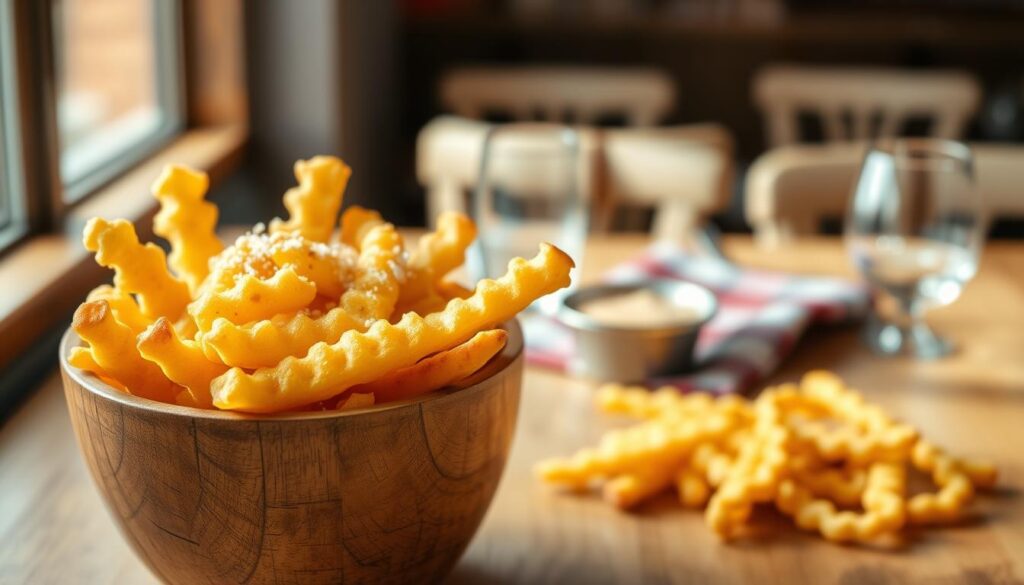 A delicious serving of golden waffle fries, presented in a rustic wooden bowl, fills the foreground. Each fry is perfectly fried, showcasing a crispy, crinkly texture, and is garnished with a sprinkle of sea salt. The middle ground features a simple, elegant table setting with a plaid napkin and a small dish of dipping sauce, enhancing the culinary appeal. Soft, natural lighting illuminates the scene from a nearby window, casting gentle shadows that add depth. In the background, a blurred hint of a cozy restaurant environment is visible, suggesting warmth and comfort. The overall mood is inviting and appetizing, perfect for highlighting these iconic sides. No text, logos, or watermarks are included, ensuring a clean and professional presentation. A delicious serving of golden waffle fries, presented in a rustic wooden bowl, fills the foreground. Each fry is perfectly fried, showcasing a crispy, crinkly texture, and is garnished with a sprinkle of sea salt. The middle ground features a simple, elegant table setting with a plaid napkin and a small dish of dipping sauce, enhancing the culinary appeal. Soft, natural lighting illuminates the scene from a nearby window, casting gentle shadows that add depth. In the background, a blurred hint of a cozy restaurant environment is visible, suggesting warmth and comfort. The overall mood is inviting and appetizing, perfect for highlighting these iconic sides. No text, logos, or watermarks are included, ensuring a clean and professional presentation.