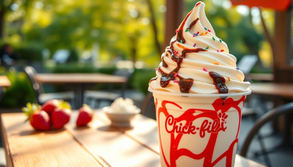 A deliciously vibrant Chick-fil-A icedream cup, prominently featured in the foreground, with a creamy swirl of soft-serve ice cream topped with a generous drizzle of chocolate syrup and colorful sprinkles. The texture of the ice cream is creamy and inviting, with condensation beads on the cup adding a refreshing touch. In the middle ground, there's a rustic wooden table adorned with a few fresh strawberries and a small bowl of whipped cream. The background features a soft-focus outdoor café setting with warm sunlight filtering through trees, creating an inviting and cheerful atmosphere. Use a bright, natural lighting setup to highlight the ice cream's shine and richness, with a slight depth of field to draw attention to the icedream as the focal point.