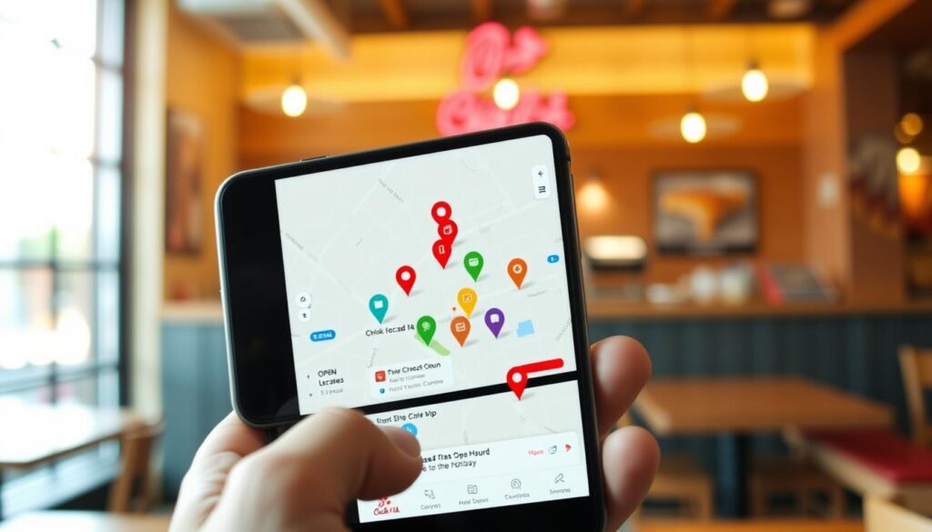 A detailed scene depicting a modern store locator interface on a smartphone. In the foreground, a hand is holding the phone with a clear view of an interactive map displaying various Chick-fil-A locations marked with colorful pins, indicating whether they are open or closed for the holiday. The middle section displays a cozy café atmosphere with a blurred background of a Chick-fil-A restaurant, warmly lit, suggesting a welcoming environment. Soft, natural light filters in, creating a cheerful mood that conveys the importance of checking store hours. The perspective captures a slightly upward angle to emphasize the device's screen and the inviting backdrop, enhancing user engagement and accessibility. The overall composition is clean and professional, suitable for a practical guide illustration. A detailed scene depicting a modern store locator interface on a smartphone. In the foreground, a hand is holding the phone with a clear view of an interactive map displaying various Chick-fil-A locations marked with colorful pins, indicating whether they are open or closed for the holiday. The middle section displays a cozy café atmosphere with a blurred background of a Chick-fil-A restaurant, warmly lit, suggesting a welcoming environment. Soft, natural light filters in, creating a cheerful mood that conveys the importance of checking store hours. The perspective captures a slightly upward angle to emphasize the device's screen and the inviting backdrop, enhancing user engagement and accessibility. The overall composition is clean and professional, suitable for a practical guide illustration.