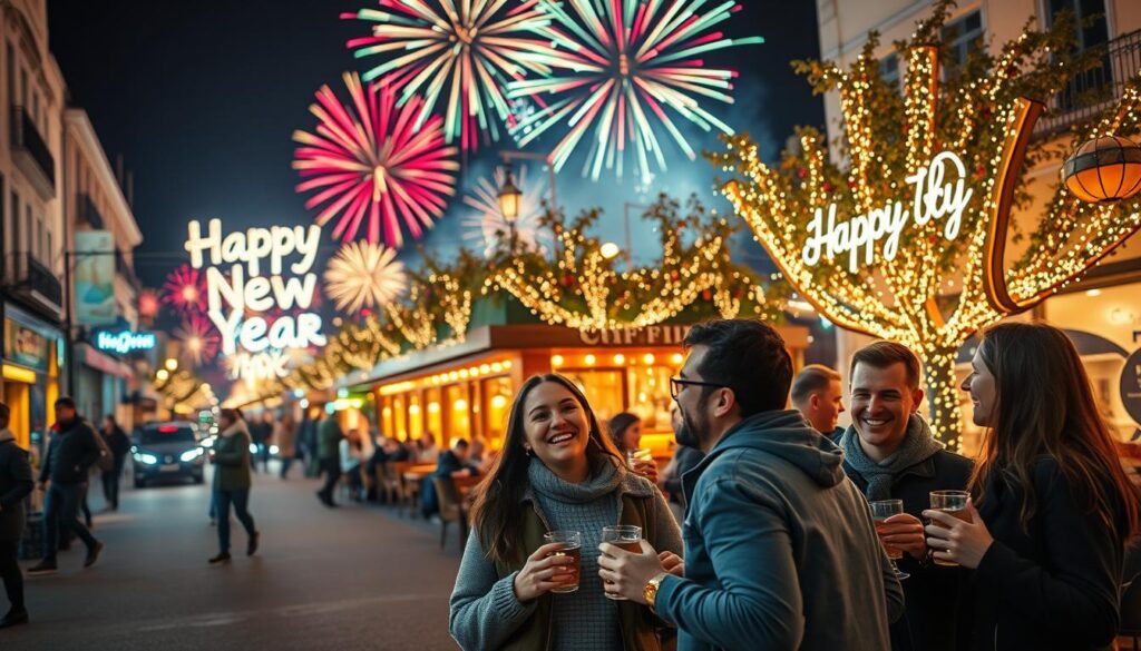 A festive New Year's Eve scene set in a bustling urban environment, showcasing a beautifully decorated street illuminated by vibrant fireworks in the night sky. In the foreground, a group of friends in modest casual attire is celebrating, holding drinks and cheering, their faces filled with joy and anticipation. The middle ground features a charming café with warmly lit windows where families and individuals can be seen enjoying their meals, emphasizing the rush of last-minute celebrations. In the background, a large neon sign displays “Happy New Year,” while cheerful holiday lights adorn the trees lining the street. The atmosphere is lively, filled with excitement, and the lighting is a mix of warm artificial lights and cool nighttime tones, captured with a slight wide-angle lens to encompass the entire festive scene. A festive New Year's Eve scene set in a bustling urban environment, showcasing a beautifully decorated street illuminated by vibrant fireworks in the night sky. In the foreground, a group of friends in modest casual attire is celebrating, holding drinks and cheering, their faces filled with joy and anticipation. The middle ground features a charming café with warmly lit windows where families and individuals can be seen enjoying their meals, emphasizing the rush of last-minute celebrations. In the background, a large neon sign displays “Happy New Year,” while cheerful holiday lights adorn the trees lining the street. The atmosphere is lively, filled with excitement, and the lighting is a mix of warm artificial lights and cool nighttime tones, captured with a slight wide-angle lens to encompass the entire festive scene.