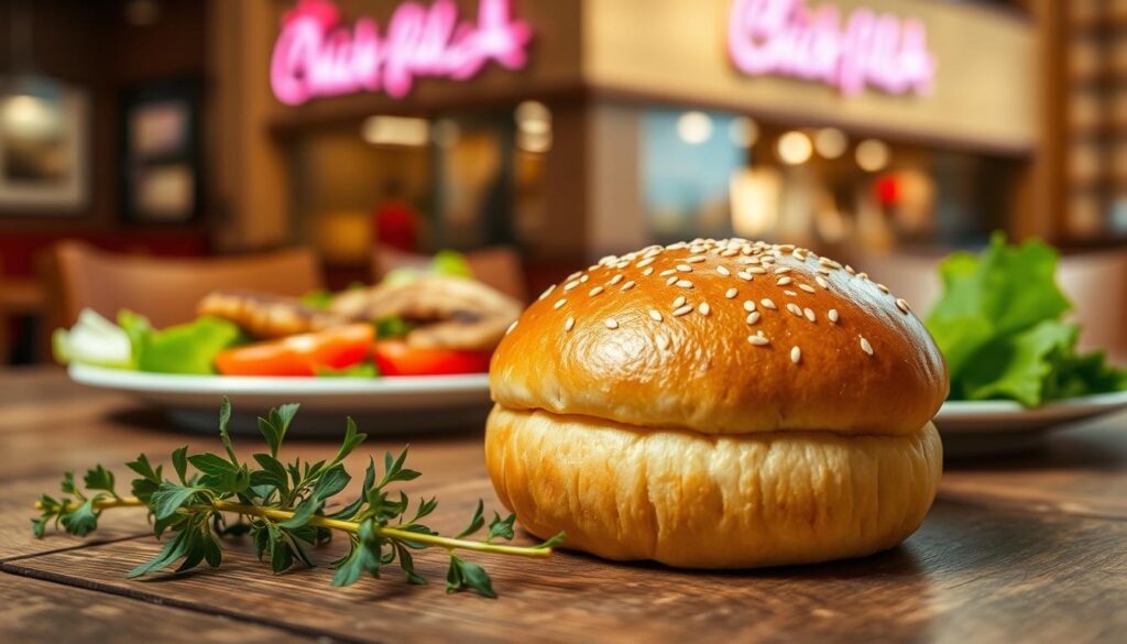 A freshly baked gluten-free bun, golden brown with a soft, fluffy texture, sits on a rustic wooden table. The bun is topped with sesame seeds, glistening slightly as if brushed with a touch of butter. In the foreground, there's a sprig of fresh herbs, adding a hint of green for contrast. The middle ground features a blurred plate with various certified gluten-free ingredients—lettuce, tomato, and a piece of grilled chicken, emphasizing freshness. In the background, a soft-focus Chick-fil-A restaurant is visible, creating a subtle connection to the brand. The lighting is warm and inviting, evoking a cozy atmosphere. The angle is slightly elevated, showcasing the bun prominently while hinting at its delicious potential in a meal. A freshly baked gluten-free bun, golden brown with a soft, fluffy texture, sits on a rustic wooden table. The bun is topped with sesame seeds, glistening slightly as if brushed with a touch of butter. In the foreground, there's a sprig of fresh herbs, adding a hint of green for contrast. The middle ground features a blurred plate with various certified gluten-free ingredients—lettuce, tomato, and a piece of grilled chicken, emphasizing freshness. In the background, a soft-focus Chick-fil-A restaurant is visible, creating a subtle connection to the brand. The lighting is warm and inviting, evoking a cozy atmosphere. The angle is slightly elevated, showcasing the bun prominently while hinting at its delicious potential in a meal.