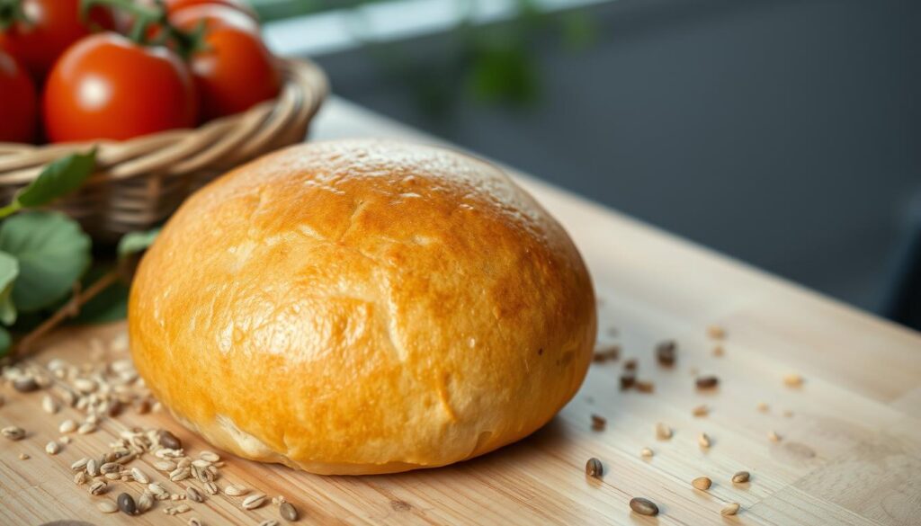 A freshly baked, golden-brown gluten-free bun sitting elegantly on a light wooden table. The bun is round, slightly glossy from a light brush of melted butter, showcasing its soft, airy texture. Surrounding the bun are scattered gluten-free grains and seeds, hinting at its wholesome ingredients. In the background, soft-focus hints of leafy greens and vibrant tomatoes create a fresh atmosphere. Natural light streams in from the left, casting gentle shadows and highlighting the bun's deliciousness. The angle is slightly above the bun, allowing for a clear view of its surface while maintaining a cozy, inviting mood, perfect for illustrating the value of gluten-free options in a casual dining setting. A freshly baked, golden-brown gluten-free bun sitting elegantly on a light wooden table. The bun is round, slightly glossy from a light brush of melted butter, showcasing its soft, airy texture. Surrounding the bun are scattered gluten-free grains and seeds, hinting at its wholesome ingredients. In the background, soft-focus hints of leafy greens and vibrant tomatoes create a fresh atmosphere. Natural light streams in from the left, casting gentle shadows and highlighting the bun's deliciousness. The angle is slightly above the bun, allowing for a clear view of its surface while maintaining a cozy, inviting mood, perfect for illustrating the value of gluten-free options in a casual dining setting.