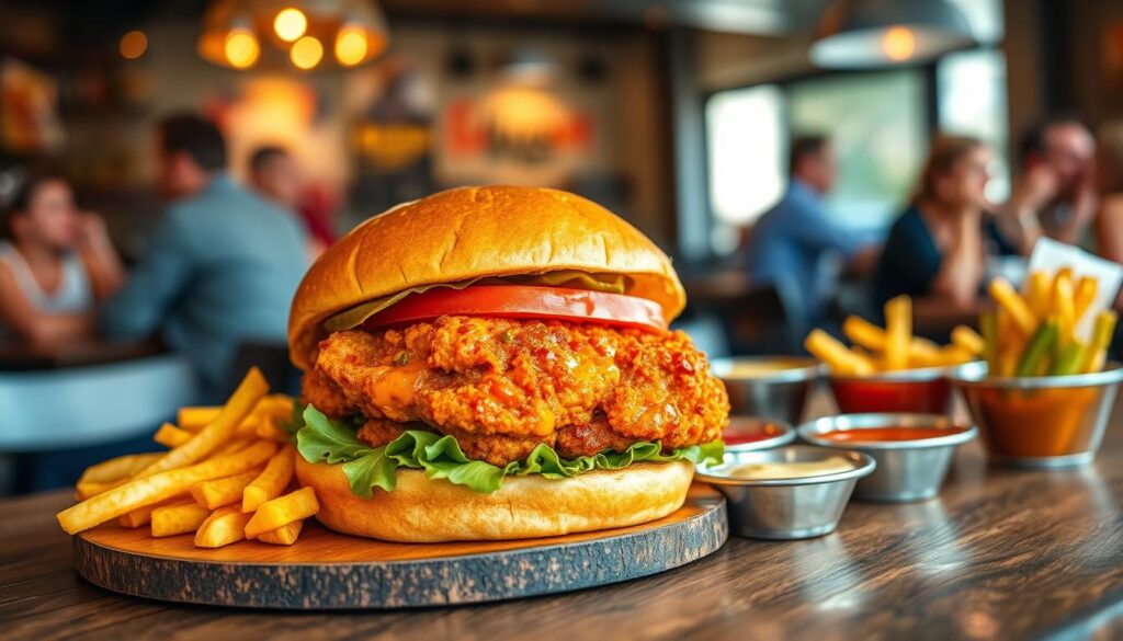 A mouth-watering spicy chicken sandwich, featuring a crispy golden-brown chicken fillet coated in a shiny, spicy glaze, topped with a crisp leaf of lettuce and a slice of ripe tomato, all nestled between a slightly toasted, soft brioche bun. In the foreground, the sandwich is presented on a rustic wooden table adorned with a side of golden fries. The middle ground includes a colorful assortment of dipping sauces in small bowls, enhancing the visual appeal. The background features a cozy, well-lit fast-food restaurant setting with blurred patrons enjoying their meals, creating a warm and inviting atmosphere. The lighting is soft and warm, mimicking the glow of afternoon sunlight, while the angle captures the sandwich from a slightly elevated perspective for maximum impact.