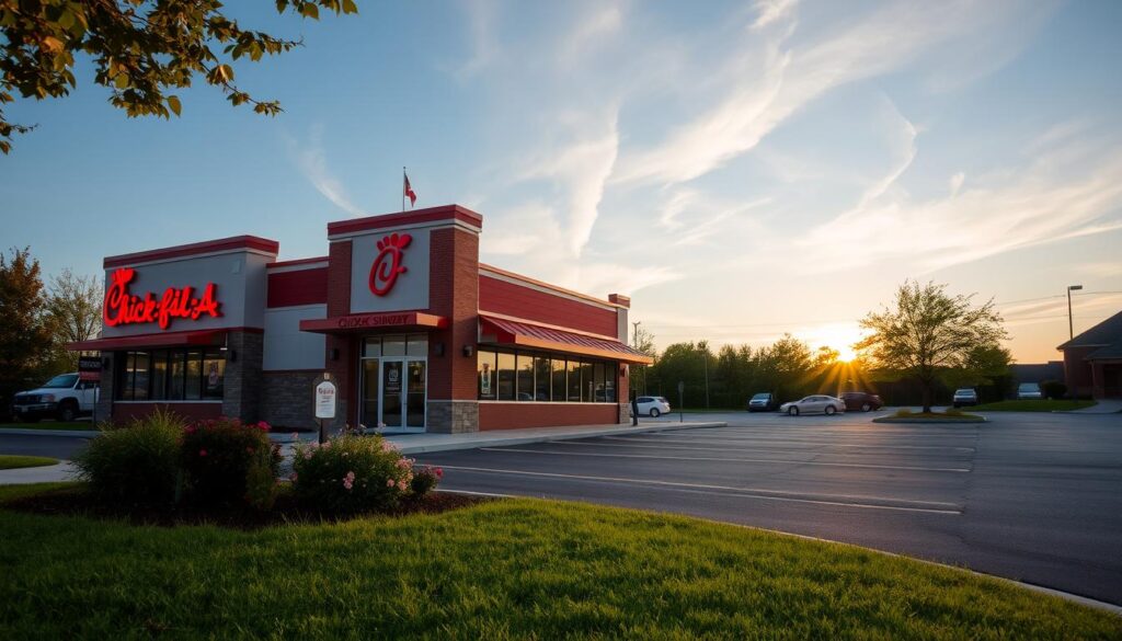 A peaceful, inviting Chick-fil-A restaurant during the golden hour before sunset, prominently displaying its iconic architecture featuring a red and white color scheme. In the foreground, lush green grass and a neatly arranged flower bed add a vibrant touch, while a decorative sign reading “Closed Sundays” is subtly placed near the entrance. The middle ground features an empty parking lot, reflecting the calm ambiance of a Sunday afternoon. In the background, a clear blue sky with soft clouds creates a serene atmosphere. The warm, natural lighting enhances the welcoming feel of the scene, emphasizing the restaurant's warmth and community spirit, while a gentle breeze rustles the leaves of nearby trees, creating a tranquil mood. No people are present.