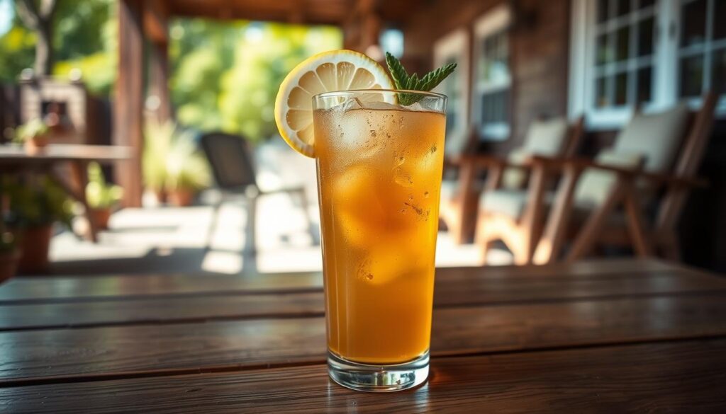 A refreshing glass of 1/2 sweet tea and 1/2 lemonade sits invitingly on a wooden table, garnished with a slice of lemon and a sprig of mint. The drink is filled to the brim with golden liquid, capturing the sunlight and casting soft reflections. In the background, a rustic outdoor patio setting is visible, with blurred greenery and cozy seating arrangements, creating a warm, welcoming atmosphere. The scene is lit by soft, natural sunlight, enhancing the vibrant hues of the drink. The camera angle captures the glass at eye level, emphasizing its appealing color and texture, evoking a sense of thirst-quenching enjoyment and relaxation.