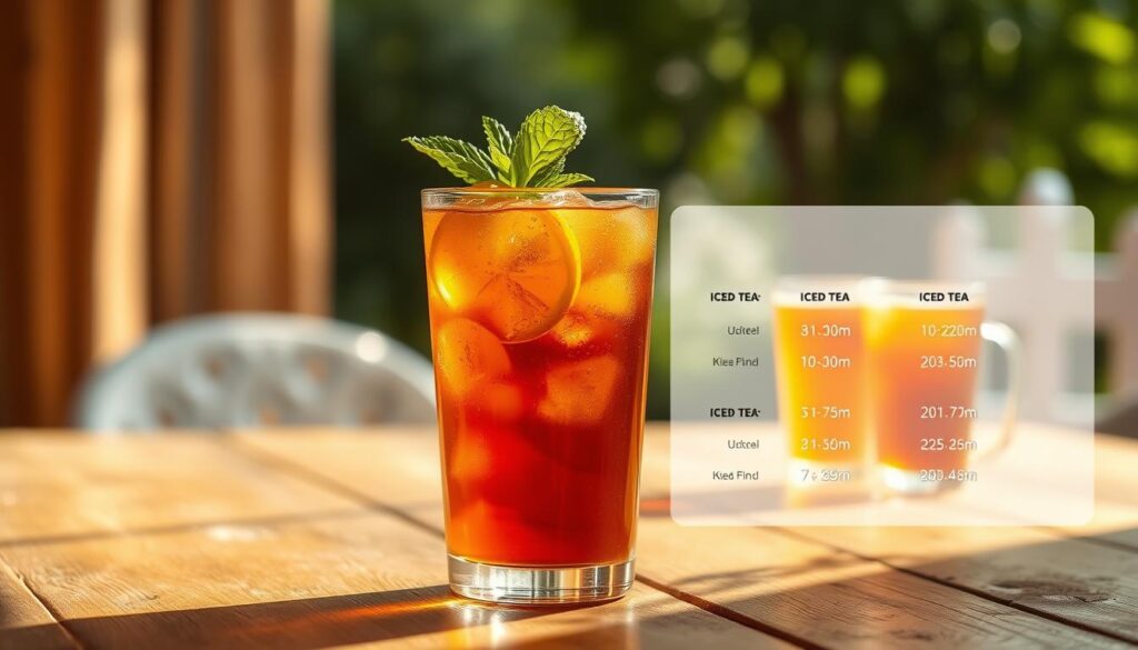 A refreshing glass of iced tea sits prominently in the foreground, filled to the brim with amber-hued tea, glistening with condensation. The glass is elegantly garnished with a slice of lemon and a sprig of fresh mint, adding a burst of color. In the middle ground, a rustic wooden table shows additional iced tea options, including different sizes and customization choices. Soft sunlight filters through the scene, creating a warm and inviting atmosphere that enhances the golden tones of the tea. In the background, a blurred view of lush greenery hints at a summer day, evoking a sense of relaxation. The image conveys freshness and thirst-quenching delight, perfect for an engaging visual representation of drink offerings.