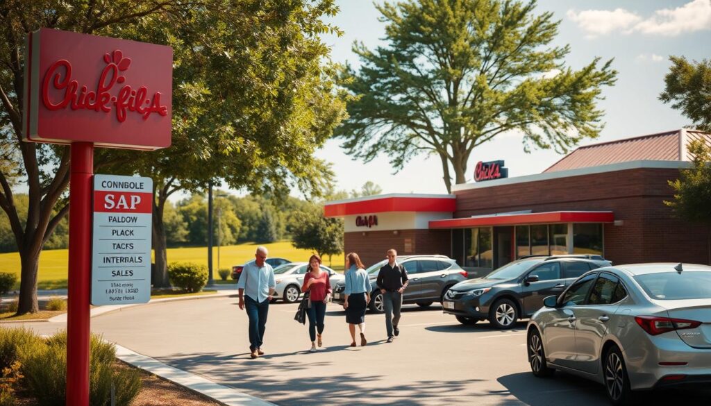 A serene Chick-fil-A restaurant exterior, closed on a sunny Sunday afternoon. The foreground features the restaurant sign prominently displaying the iconic red and white colors. In the middle ground, neatly parked cars dot the pavement, with a couple of families walking away, dressed in casual yet professional attire, exploring the area. The background reveals a lush green landscape, with trees swaying gently in the wind, casting soft shadows on the building. The lighting is warm and inviting, highlighting the restaurant's inviting architecture. Captured from a slightly elevated angle, the scene conveys a peaceful atmosphere, emphasizing a moment of quiet reflection and family time, symbolizing the brand's commitment to their Sunday closure policy. A serene Chick-fil-A restaurant exterior, closed on a sunny Sunday afternoon. The foreground features the restaurant sign prominently displaying the iconic red and white colors. In the middle ground, neatly parked cars dot the pavement, with a couple of families walking away, dressed in casual yet professional attire, exploring the area. The background reveals a lush green landscape, with trees swaying gently in the wind, casting soft shadows on the building. The lighting is warm and inviting, highlighting the restaurant's inviting architecture. Captured from a slightly elevated angle, the scene conveys a peaceful atmosphere, emphasizing a moment of quiet reflection and family time, symbolizing the brand's commitment to their Sunday closure policy.