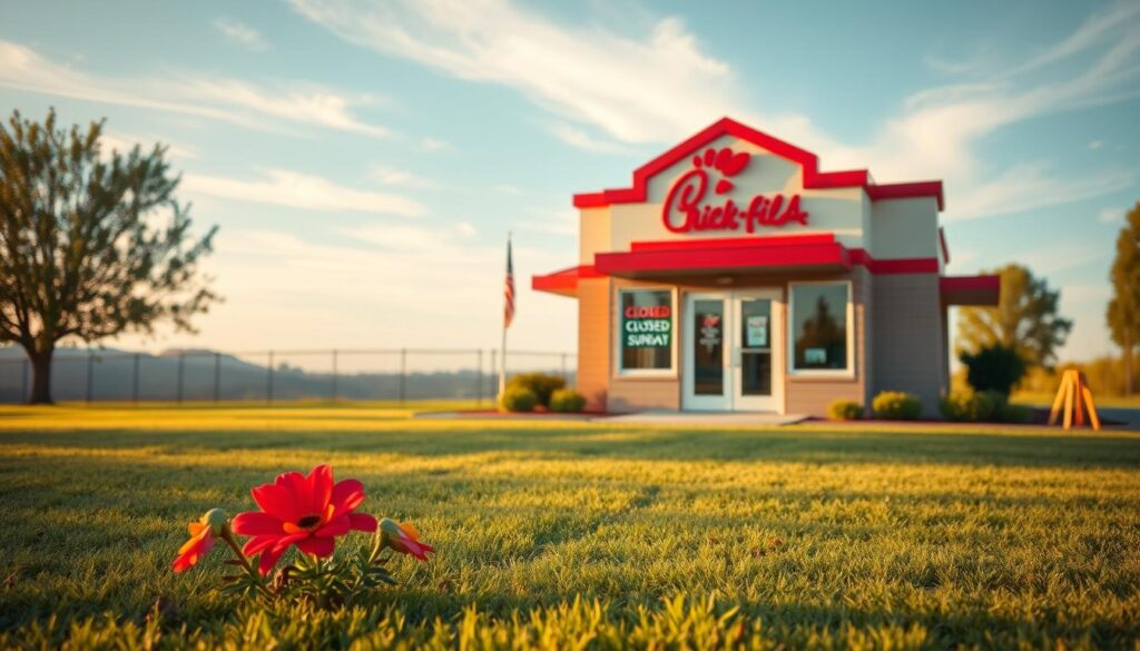 A serene and inviting scene of a small, charming Chick-Fil-A restaurant, closed for business on a peaceful Sunday. In the foreground, a neatly manicured lawn with a few colorful, blooming flowers, symbolizing tranquility and reflection. The middle ground features the iconic Chick-Fil-A building with its signature red and white color scheme, its doors closed and a sign indicating "Closed on Sundays." In the background, a soft blue sky with wispy clouds creates a calming atmosphere. The lighting is warm and golden, reminiscent of late afternoon, casting gentle shadows that enhance the peaceful ambiance. The overall mood should evoke a sense of contemplation and respect for tradition, capturing the essence of the religious belief and practical business sense behind the decision to close on Sundays. A serene and inviting scene of a small, charming Chick-Fil-A restaurant, closed for business on a peaceful Sunday. In the foreground, a neatly manicured lawn with a few colorful, blooming flowers, symbolizing tranquility and reflection. The middle ground features the iconic Chick-Fil-A building with its signature red and white color scheme, its doors closed and a sign indicating "Closed on Sundays." In the background, a soft blue sky with wispy clouds creates a calming atmosphere. The lighting is warm and golden, reminiscent of late afternoon, casting gentle shadows that enhance the peaceful ambiance. The overall mood should evoke a sense of contemplation and respect for tradition, capturing the essence of the religious belief and practical business sense behind the decision to close on Sundays.