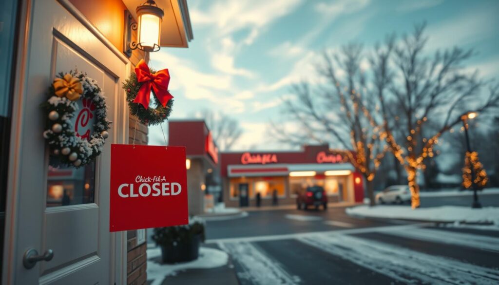 A serene, festive Christmas Day scene depicting a closed Chick-fil-A restaurant. In the foreground, a "Closed" sign hangs prominently on the restaurant's door, decorated with a subtle wreath and festive bows. The middle ground features the Chick-fil-A drive-thru, with snow gently falling on the pavement, creating a tranquil winter atmosphere. In the background, cheerful holiday lights adorn nearby trees, casting a soft, warm glow in the early afternoon light. The sky is a soft blue with wispy clouds, hinting at a chilly yet peaceful day. The ambiance is calm and inviting, perfect for conveying the holiday spirit while illustrating that the restaurant is closed for Christmas. The lens captures a slight depth of field, focusing sharply on the sign, while the surrounding hues of red, green, and white enhance the festive mood. A serene, festive Christmas Day scene depicting a closed Chick-fil-A restaurant. In the foreground, a "Closed" sign hangs prominently on the restaurant's door, decorated with a subtle wreath and festive bows. The middle ground features the Chick-fil-A drive-thru, with snow gently falling on the pavement, creating a tranquil winter atmosphere. In the background, cheerful holiday lights adorn nearby trees, casting a soft, warm glow in the early afternoon light. The sky is a soft blue with wispy clouds, hinting at a chilly yet peaceful day. The ambiance is calm and inviting, perfect for conveying the holiday spirit while illustrating that the restaurant is closed for Christmas. The lens captures a slight depth of field, focusing sharply on the sign, while the surrounding hues of red, green, and white enhance the festive mood.