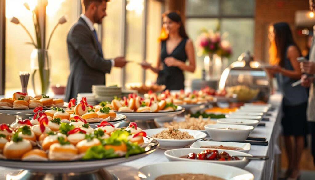 A vibrant catering scene showcasing a beautifully arranged buffet table featuring Chick-fil-A cuisine. In the foreground, a selection of bite-sized chicken sandwiches, fresh salads, and dips are displayed on elegant platters, garnished with colorful herbs. In the middle ground, a professional catering staff member, dressed in smart business attire, interacts with guests, offering sample plates. The background features soft-focus golden hour lighting, creating a warm and inviting atmosphere. Decorative elements like floral centerpieces and stylish serving utensils enhance the ambiance of the event. Capture this image with a slightly elevated angle to emphasize the spread, inviting viewers into the catering experience, while ensuring a mood of celebration and hospitality.