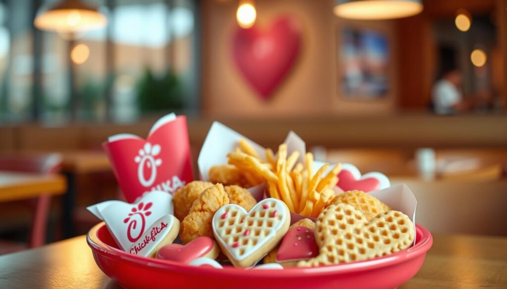 A vibrant heart-shaped tray filled with a delightful assortment of Chick-fil-A's iconic menu items, including crispy chicken nuggets, waffle fries, and festive heart-shaped cookies. The tray should be positioned in the foreground, showcasing the colors and textures of the food. The background features a softly blurred cozy dining setting, with warm lighting emanating from overhead pendant lights, creating an inviting atmosphere. The image is captured from a slightly elevated angle, allowing for a clear view of the tray's contents while highlighting the heart shape. The overall mood should be warm and festive, embodying the spirit of Valentine’s Day and the joy of sharing good food with loved ones.