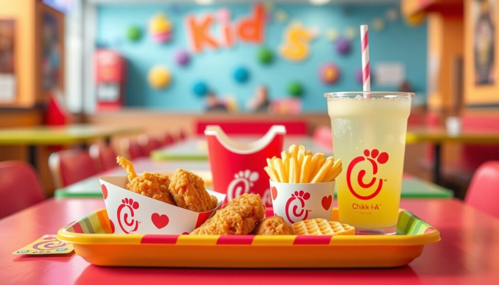 A vibrant, inviting kids meal setup featuring a classic Chick-fil-A meal. In the foreground, showcase a colorful tray with a crispy chicken nugget entrée, golden waffle fries in a small container, and a refreshing lemonade in a fun cup with a straw. Include a prize, like a small toy or a colorful sticker, next to the tray. In the middle, depict a cheerful table setting with a bright tablecloth and kid-friendly plates. In the background, softly blurred, suggest a lively fast-food restaurant atmosphere with playful decorations. The lighting should be bright and warm, creating a happy, welcoming mood. Use a slight overhead angle to capture the entire meal, emphasizing the various elements in a playful and appetizing way. A vibrant, inviting kids meal setup featuring a classic Chick-fil-A meal. In the foreground, showcase a colorful tray with a crispy chicken nugget entrée, golden waffle fries in a small container, and a refreshing lemonade in a fun cup with a straw. Include a prize, like a small toy or a colorful sticker, next to the tray. In the middle, depict a cheerful table setting with a bright tablecloth and kid-friendly plates. In the background, softly blurred, suggest a lively fast-food restaurant atmosphere with playful decorations. The lighting should be bright and warm, creating a happy, welcoming mood. Use a slight overhead angle to capture the entire meal, emphasizing the various elements in a playful and appetizing way.