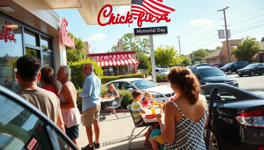 A vibrant scene depicting a busy Chick-fil-A restaurant on Memorial Day. In the foreground, customers of diverse backgrounds are engaging with friendly staff at the drive-thru window, with an ordering menu clearly visible. The middle ground features families dining al fresco on a sunny patio, enjoying their meals, creating a warm, inviting atmosphere. Lush greenery surrounds the establishment, enhancing the cheerful vibe. In the background, cars are queued up at the drive-thru and others are parked, illustrating a bustling holiday rush. The lighting is bright and natural, suggesting a mid-morning brightness, with a slight lens flare to evoke warmth. Capture the essence of a community gathering while showcasing the various dining options available.
