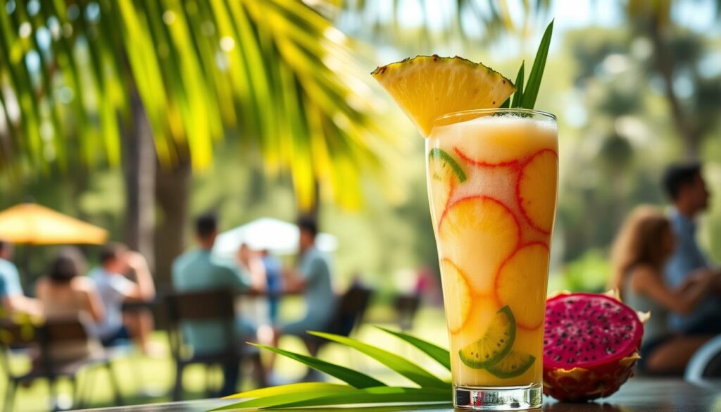 A vibrant, tropical scene featuring a pineapple and dragonfruit elegantly arranged together in a refreshing beverage context. In the foreground, focus on a tall, clear glass filled with a blended smoothie, showcasing swirling hues of yellow, pink, and green, garnished with a slice of pineapple and a dragonfruit wedge. The middle ground presents an outdoor café setting, with soft, natural light filtering through palm leaves, illuminating the scene. Include a blurred background of a sunny park with silhouettes of people enjoying their drinks, evoking a cheerful spring atmosphere. The mood is bright and uplifting, capturing the essence of tropical delights perfect for a spring menu. Ensure clarity and vivid color contrasts, emphasizing freshness and tropical appeal.
