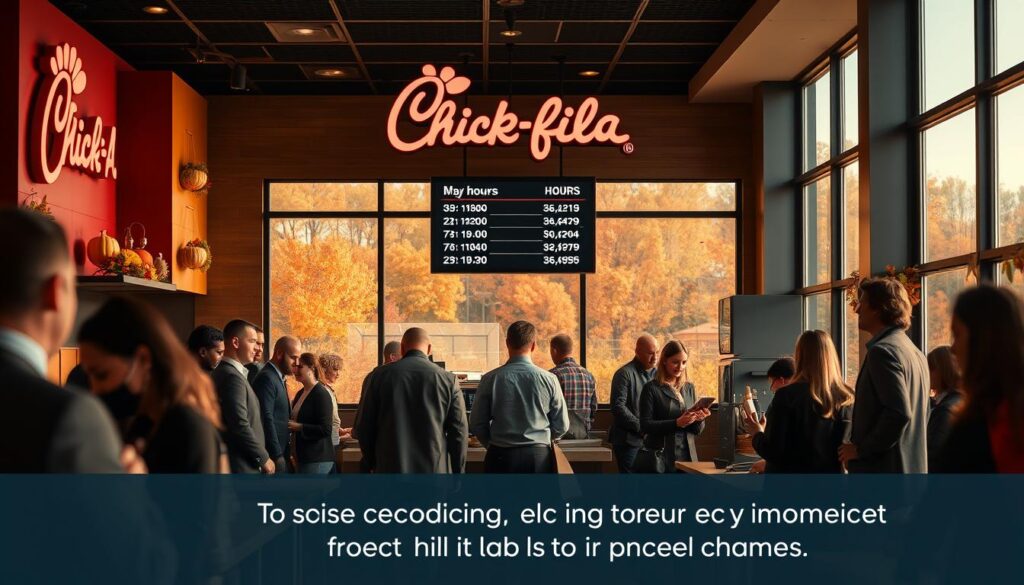 A visually engaging scene depicting a busy Chick-fil-A restaurant during Thanksgiving, positioned centrally in the foreground. The restaurant is bustling with customers in professional business attire, showcasing a festive atmosphere with autumn decorations and Thanksgiving-themed elements. In the middle ground, staff are seen efficiently serving food, with some checking a digital display board illustrating varying hours and location information. The background features a colorful fall landscape visible through large windows, enhancing the seasonal charm. The lighting is warm and inviting, reminiscent of late afternoon with golden hour effects. The overall mood conveys a sense of community and holiday spirit, while subtly hinting at the versatility in operating hours by location. A visually engaging scene depicting a busy Chick-fil-A restaurant during Thanksgiving, positioned centrally in the foreground. The restaurant is bustling with customers in professional business attire, showcasing a festive atmosphere with autumn decorations and Thanksgiving-themed elements. In the middle ground, staff are seen efficiently serving food, with some checking a digital display board illustrating varying hours and location information. The background features a colorful fall landscape visible through large windows, enhancing the seasonal charm. The lighting is warm and inviting, reminiscent of late afternoon with golden hour effects. The overall mood conveys a sense of community and holiday spirit, while subtly hinting at the versatility in operating hours by location.