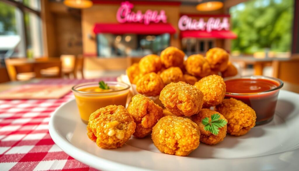 Delicious, crispy chicken nuggets arranged appetizingly on a white plate, with some dipping sauces like honey mustard and barbecue sauce artistically presented alongside. In the foreground, a few golden-brown nuggets are highlighted, garnished with fresh parsley. The middle ground features a vibrant table setting with a wooden surface, complemented by a rustic red and white checkered tablecloth. In the background, a soft-focus image of a Chick-fil-A restaurant creates a warm, inviting atmosphere, suggesting a casual lunch setting. Natural light streams in from a nearby window, casting soft shadows and enhancing the textures of the crunchy nuggets. The overall mood is cheerful and inviting, perfect for showcasing a delightful lunch experience. Delicious, crispy chicken nuggets arranged appetizingly on a white plate, with some dipping sauces like honey mustard and barbecue sauce artistically presented alongside. In the foreground, a few golden-brown nuggets are highlighted, garnished with fresh parsley. The middle ground features a vibrant table setting with a wooden surface, complemented by a rustic red and white checkered tablecloth. In the background, a soft-focus image of a Chick-fil-A restaurant creates a warm, inviting atmosphere, suggesting a casual lunch setting. Natural light streams in from a nearby window, casting soft shadows and enhancing the textures of the crunchy nuggets. The overall mood is cheerful and inviting, perfect for showcasing a delightful lunch experience.